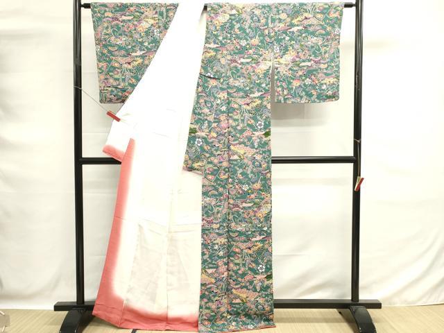 平和屋着物■上質な小紋　型染め　扇面花文　鬼しぼ縮緬　正絹　逸品　DABG6643cd