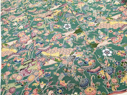 平和屋着物■上質な小紋　型染め　扇面花文　鬼しぼ縮緬　正絹　逸品　DABG6643cd