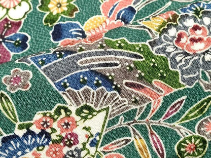 平和屋着物■上質な小紋　型染め　扇面花文　鬼しぼ縮緬　正絹　逸品　DABG6643cd