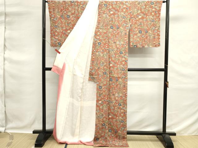 平和屋着物■上質な小紋　紬地　切嵌吉祥花文　ロング丈　正絹　逸品　DABG6674cd