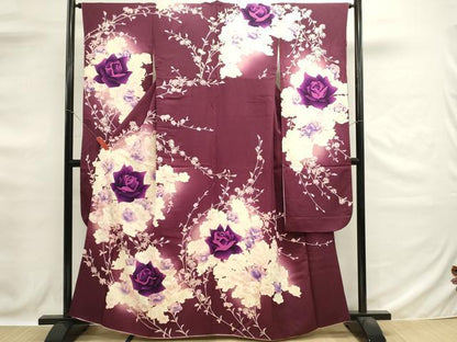 平和屋着物■写真家・秋山庄太郎　振袖　枝花文　薔薇　バラ　暈し染め　銀彩　正絹　逸品　DABG6675cd