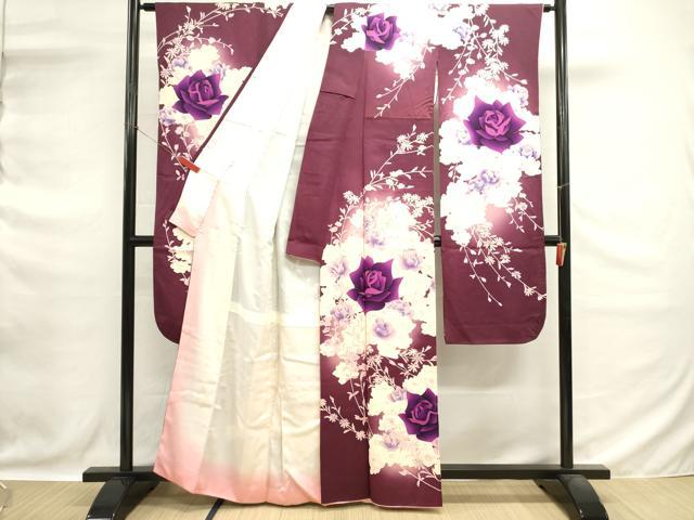 平和屋着物■写真家・秋山庄太郎　振袖　枝花文　薔薇　バラ　暈し染め　銀彩　正絹　逸品　DABG6675cd