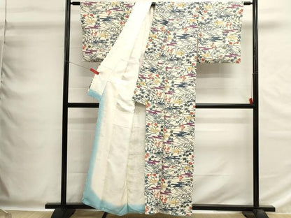 平和屋着物■上質な小紋　型染め　エ霞花鳥文　鬼しぼ縮緬　正絹　逸品　DABG6782cd