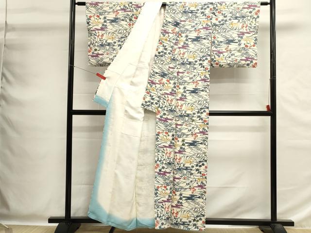 平和屋着物■上質な小紋　型染め　エ霞花鳥文　鬼しぼ縮緬　正絹　逸品　DABG6782cd