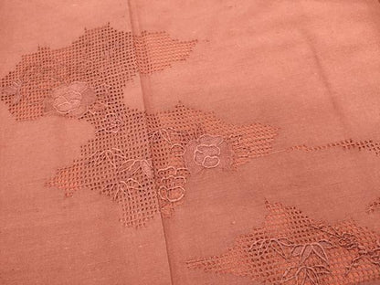 平和屋着物■中国三大刺繍　スワトウ刺繍　汕頭刺繍　総刺繍　色留訪問着　紬地　草花笹文　小豆色　正絹　逸品　DABG6853cd