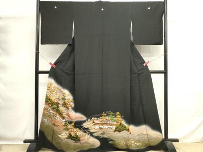 平和屋着物■豪華黒留袖　駒刺繍　風景文　暈し染め　金銀彩　正絹　逸品　DABG6915cd