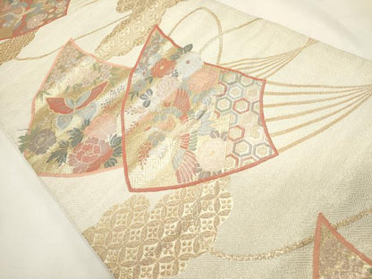 平和屋着物◎六通柄袋帯　扇面花蝶文　金糸　正絹　逸品　DABG6978cd