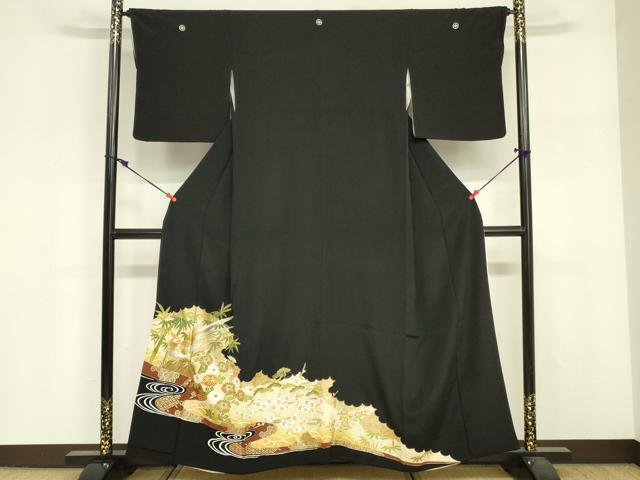 平和屋着物■豪華黒留袖　駒刺繍　尾長鳥草花文　金彩　正絹　逸品　DABG7009zy
