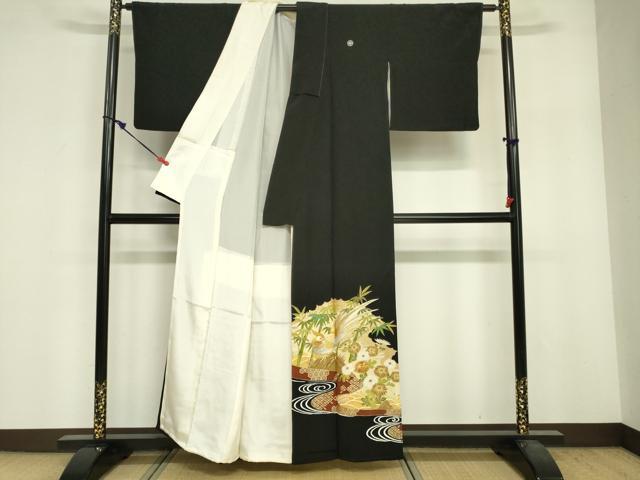平和屋着物■豪華黒留袖　駒刺繍　尾長鳥草花文　金彩　正絹　逸品　DABG7009zy