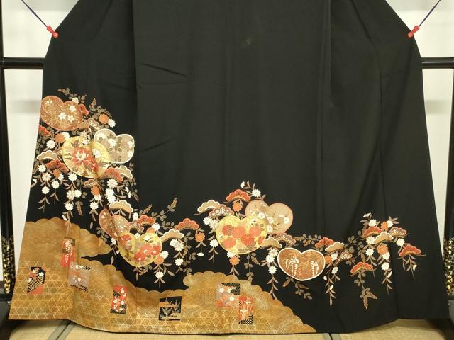 平和屋着物■豪華黒留袖　駒刺繍　草花文　金彩　正絹　逸品　DABG7015zy