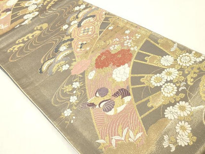 平和屋着物◎六通柄袋帯　唐織　鴛鴦　片輪車花文　金糸　引箔　正絹　逸品　DABG7020zy