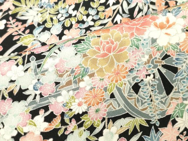 平和屋着物■上質な小紋　花車文　黒地　正絹　逸品　DABG7049zy