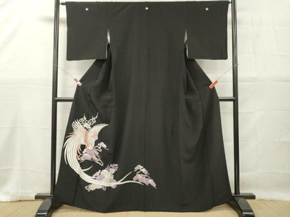 平和屋着物■黒留袖　駒刺繍　総刺繍　尾長鳥花松文　金銀糸　洗える着物　DABG7083zy
