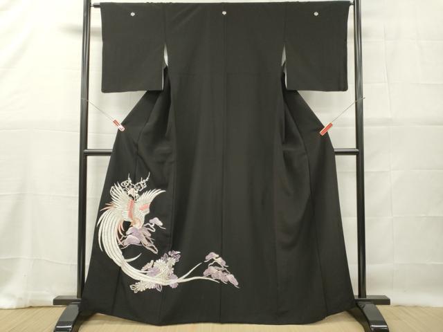 平和屋着物■黒留袖　駒刺繍　総刺繍　尾長鳥花松文　金銀糸　洗える着物　DABG7083zy