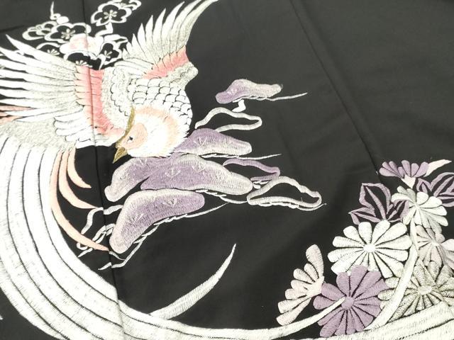 平和屋着物■黒留袖　駒刺繍　総刺繍　尾長鳥花松文　金銀糸　洗える着物　DABG7083zy
