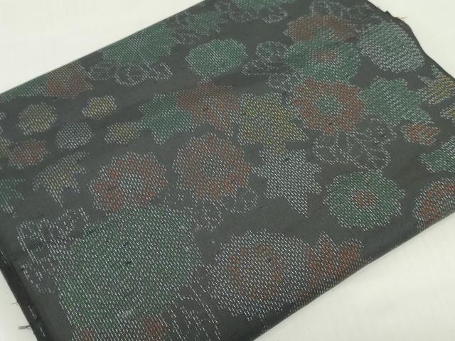 平和屋着物▼紬　反物　着尺　草花文　黒地　逸品　未使用　DABG7158zy