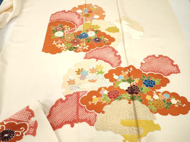 平和屋着物▼付下げ　反物　着尺　刺繍　絞り　雪輪草花文　金彩　逸品　未使用　DABG7460zy
