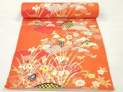 平和屋着物▼小紋　反物　着尺　型染め　籬草花文　松竹梅　金彩　逸品　未使用　DABG7510zy