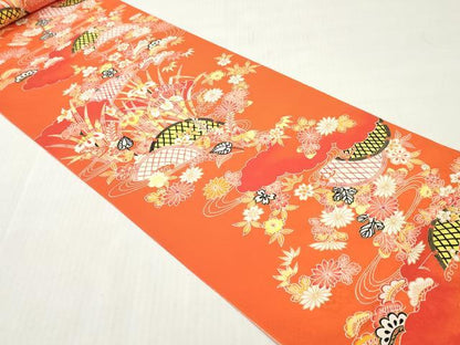 平和屋着物▼小紋　反物　着尺　型染め　籬草花文　松竹梅　金彩　逸品　未使用　DABG7510zy