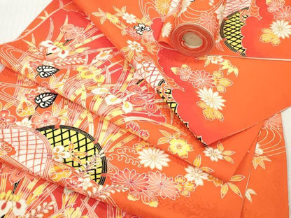 平和屋着物▼小紋　反物　着尺　型染め　籬草花文　松竹梅　金彩　逸品　未使用　DABG7510zy