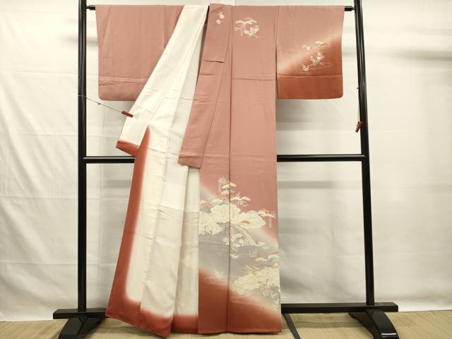 平和屋着物■訪問着　駒刺繍　渡橋流水花松文　暈し染め　金銀彩　正絹　逸品　DABG7569ya
