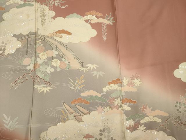 平和屋着物■訪問着　駒刺繍　渡橋流水花松文　暈し染め　金銀彩　正絹　逸品　DABG7569ya