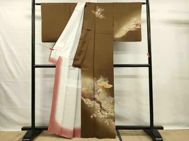 平和屋着物■訪問着　渡橋飛鶴風景花文　暈し染め　金銀彩　正絹　逸品　DABG7581ya