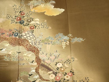 平和屋着物■訪問着　渡橋飛鶴風景花文　暈し染め　金銀彩　正絹　逸品　DABG7581ya