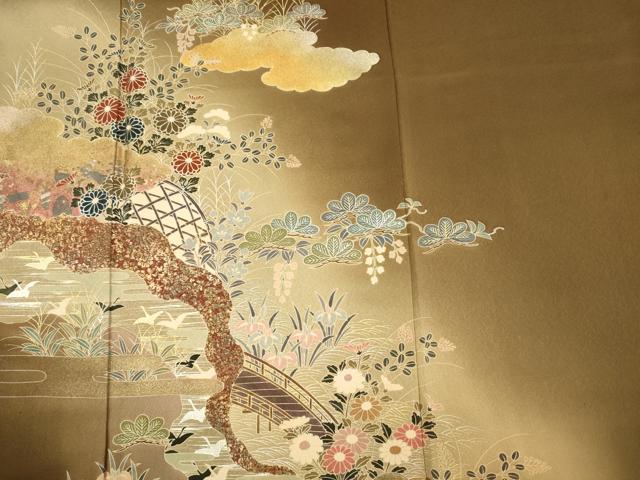 平和屋着物■訪問着　渡橋飛鶴風景花文　暈し染め　金銀彩　正絹　逸品　DABG7581ya