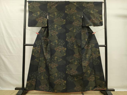 平和屋着物■上質な紬　草花文　黒地　正絹　逸品　DABG7593ya