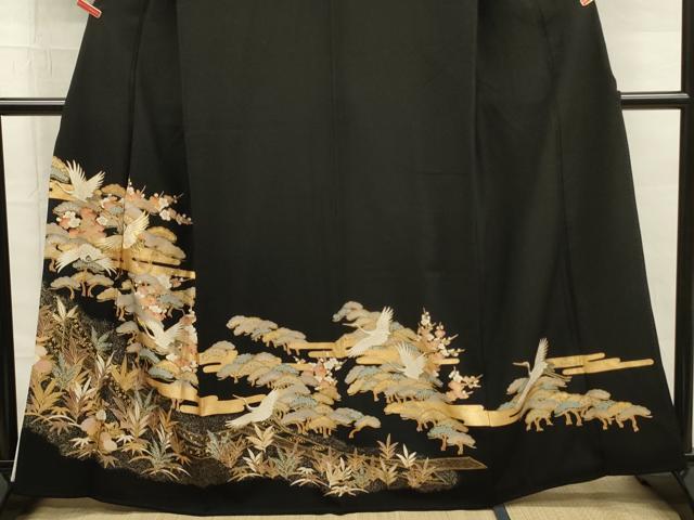 平和屋着物■豪華黒留袖　駒刺繍　飛鶴花松文　金彩　正絹　逸品　DABG7618ya