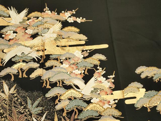 平和屋着物■豪華黒留袖　駒刺繍　飛鶴花松文　金彩　正絹　逸品　DABG7618ya