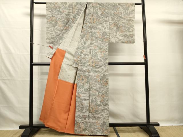 平和屋着物■上質な小紋　紬地　手描き　風景花文　正絹　逸品　DABG7634ya