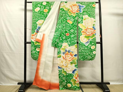 平和屋着物■豪華振袖　駒刺繍　絞り　草花文　牡丹　金彩　正絹　逸品　DABG7656ya