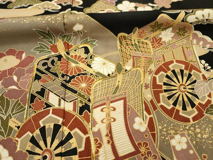 平和屋着物■豪華黒留袖　駒刺繍　御所車花松文　枝梅　金彩　正絹　逸品　DABG7666ya