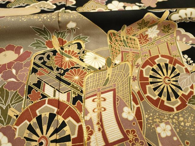 平和屋着物■豪華黒留袖　駒刺繍　御所車花松文　枝梅　金彩　正絹　逸品　DABG7666ya