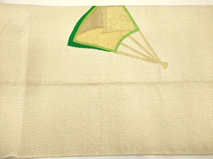 平和屋着物◎爪掻き本綴れ　八寸名古屋帯　扇面霞文　金糸　正絹　逸品　DABG7739ya