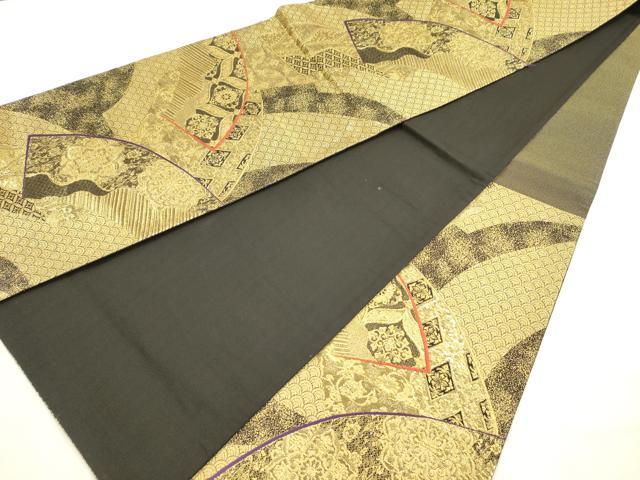 平和屋着物◎六通柄袋帯　地紙花文　黒地　金糸　正絹　逸品　DABG7749ya