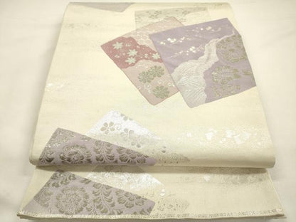 平和屋着物◎六通柄袋帯　色紙花文　明綴九百袋帯　プラチナ箔　銀糸　正絹　逸品　DABG7753ya