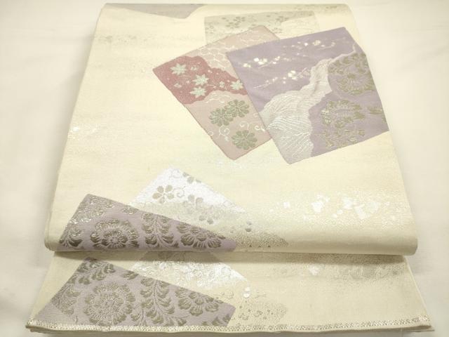 平和屋着物◎六通柄袋帯　色紙花文　明綴九百袋帯　プラチナ箔　銀糸　正絹　逸品　DABG7753ya