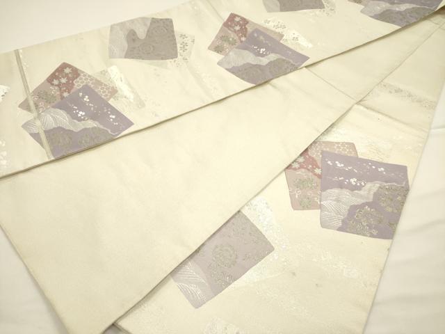 平和屋着物◎六通柄袋帯　色紙花文　明綴九百袋帯　プラチナ箔　銀糸　正絹　逸品　DABG7753ya