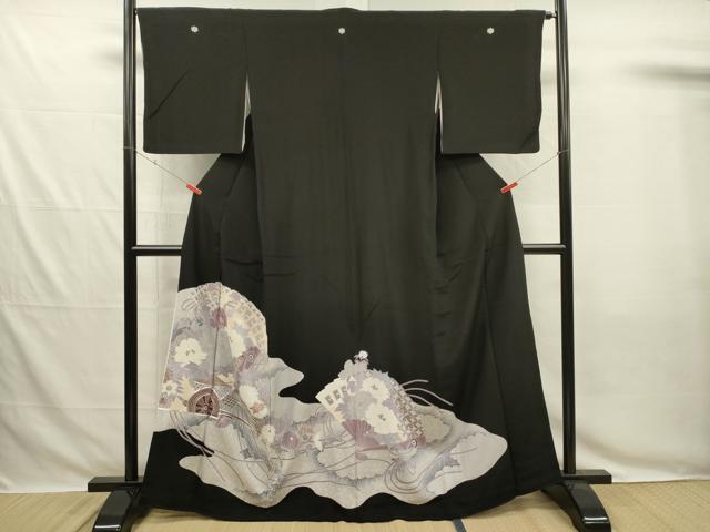 平和屋着物■豪華黒留袖　駒刺繍　扇面花車文　銀彩　正絹　逸品　DABG7828ya