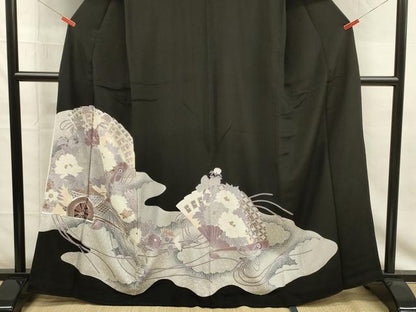 平和屋着物■豪華黒留袖　駒刺繍　扇面花車文　銀彩　正絹　逸品　DABG7828ya