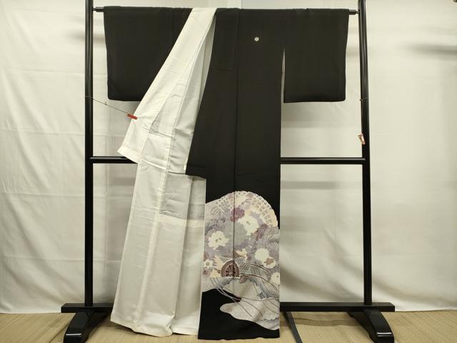 平和屋着物■豪華黒留袖　駒刺繍　扇面花車文　銀彩　正絹　逸品　DABG7828ya