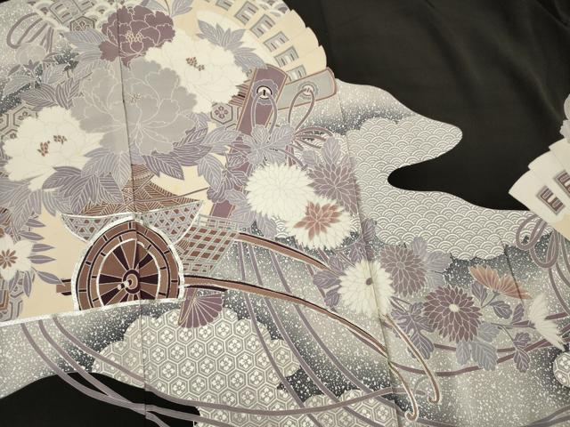 平和屋着物■豪華黒留袖　駒刺繍　扇面花車文　銀彩　正絹　逸品　DABG7828ya