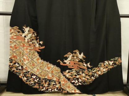 平和屋着物■豪華黒留袖　駒刺繍　飛鶴花松文　宝尽くし　金彩　正絹　逸品　DABG7830ya