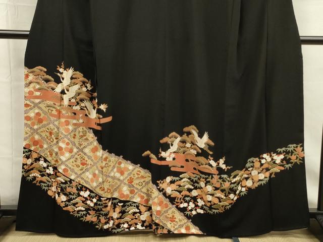 平和屋着物■豪華黒留袖　駒刺繍　飛鶴花松文　宝尽くし　金彩　正絹　逸品　DABG7830ya