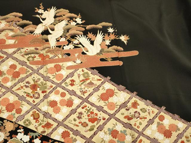 平和屋着物■豪華黒留袖　駒刺繍　飛鶴花松文　宝尽くし　金彩　正絹　逸品　DABG7830ya