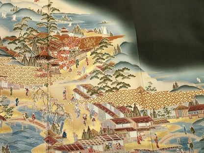 平和屋着物■豪華黒留袖　作家物　風景人物花松文　枝梅　暈し染め　金彩　正絹　逸品　DABG7855ya