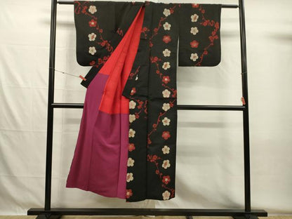 平和屋着物■上質なお召　枝梅文　黒地　正絹　逸品　DABG7991ya